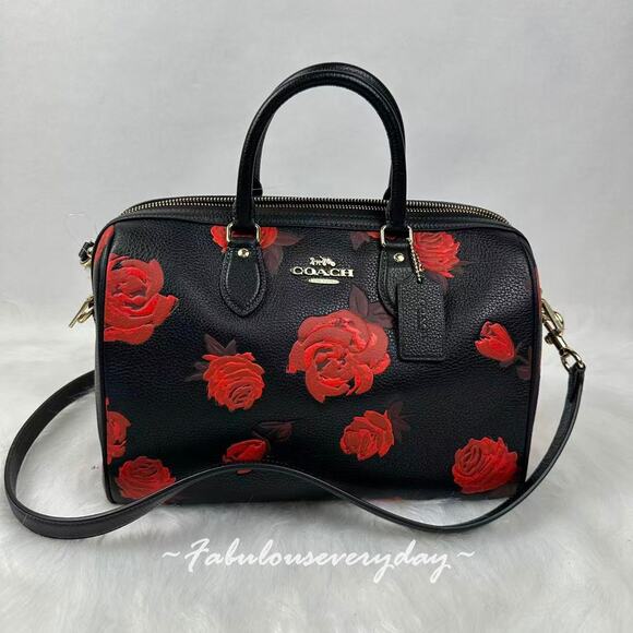 Coach Rowan Large Satchel Bag With Floral Print In Leather/Black/Red CCE27 NWT - Picture 1 of 9